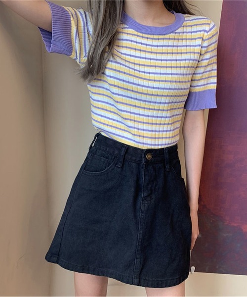 IRADOWL(アイラドール)の「マルチボーダークロップドトップス(Tシャツ/カットソー・レディース・パープル/ブラック/イエロー/グリーン・FREE)」の15枚目の写真