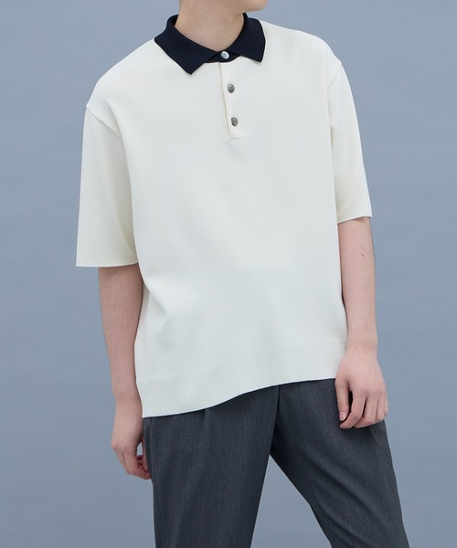 UNITED TOKYO(ユナイテッドトウキョウ)の「18G サーブルストレッチニットポロTee(ニット/セーター・メンズ・ライトブルーグレー/オフホワイト/ブラック・1/2)」の2枚目の写真
