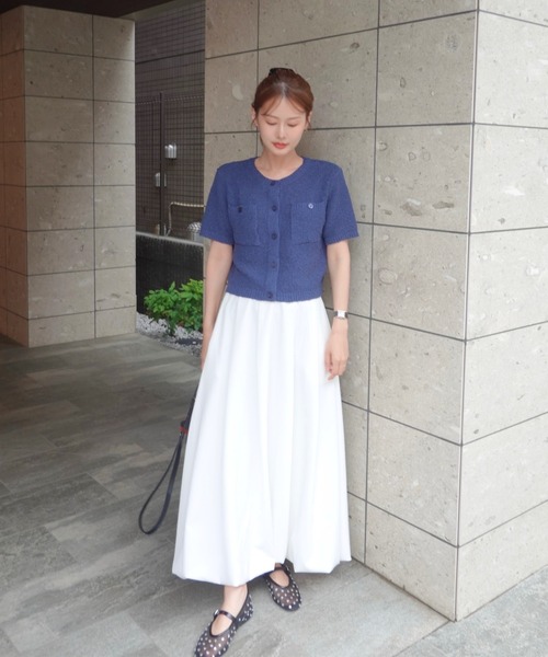 スクエアポケットブークレニット半袖カーディガン（カーディガン