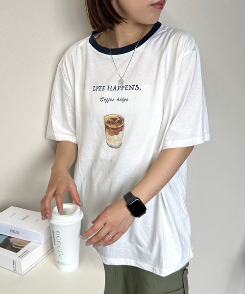 CRB（シーアールビー）の「アイスコーヒープリントリンガー半袖Tシャツ（Tシャツ/カットソー・レディース・グレー/オフホワイト/チャコール・F）」の2枚目の写真