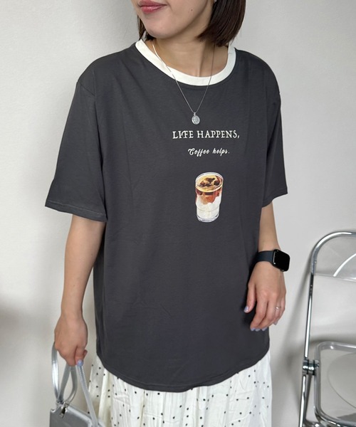 CRB（シーアールビー）の「アイスコーヒープリントリンガー半袖Tシャツ（Tシャツ/カットソー・レディース・グレー/オフホワイト/チャコール・F）」の3枚目の写真