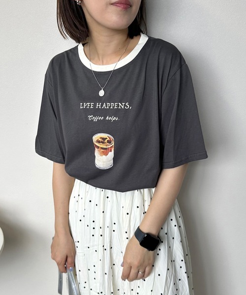 CRB（シーアールビー）の「アイスコーヒープリントリンガー半袖Tシャツ（Tシャツ/カットソー・レディース・グレー/オフホワイト/チャコール・F）」の11枚目の写真