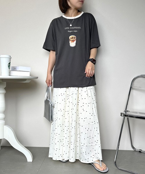 CRB（シーアールビー）の「アイスコーヒープリントリンガー半袖Tシャツ（Tシャツ/カットソー・レディース・グレー/オフホワイト/チャコール・F）」の8枚目の写真