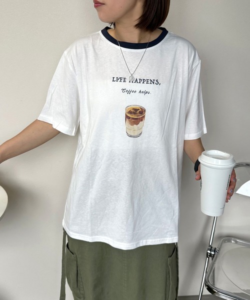 CRB（シーアールビー）の「アイスコーヒープリントリンガー半袖Tシャツ（Tシャツ/カットソー・レディース・グレー/オフホワイト/チャコール・F）」の7枚目の写真