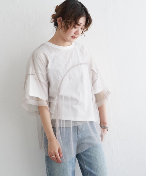 tシャツ チュール切替えデザインカットソー/洗える レディース セール】チュール切り替えデザインTシャツ（Tシャツ/カットソー
