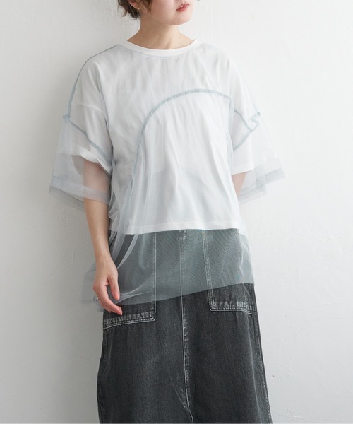 notch.(ノッチ)の「チュール切り替えデザインTシャツ(Tシャツ/カットソー・レディース・ベージュ/グレー/サックスブルー・M)」の3枚目の写真