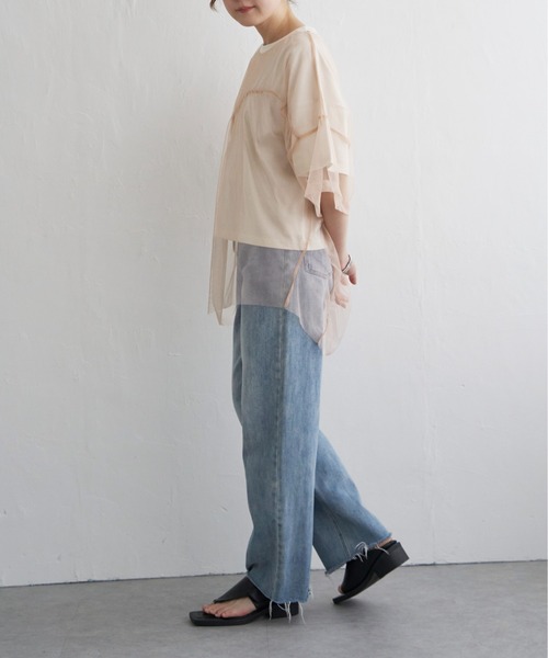 tシャツ チュール切替えデザインカットソー/洗える レディース セール】チュール切り替えデザインTシャツ（Tシャツ/カットソー