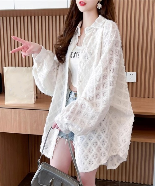Miniministore（ミニミニストア）の「ハートジャガードシャツカーディガン春夏秋（カーディガン/ボレロ・レディース・ブラック/パープル/ホワイト・FREE）」の4枚目の写真