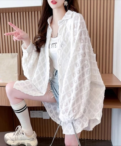 Miniministore（ミニミニストア）の「ハートジャガードシャツカーディガン春夏秋（カーディガン/ボレロ・レディース・ブラック/パープル/ホワイト・FREE）」の6枚目の写真