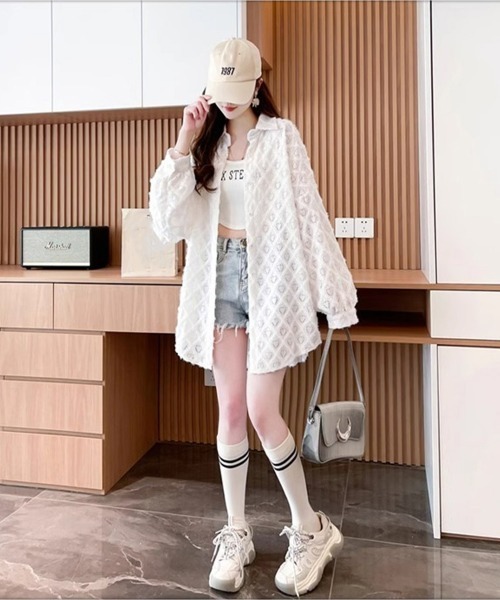 Miniministore（ミニミニストア）の「ハートジャガードシャツカーディガン春夏秋（カーディガン/ボレロ・レディース・ブラック/パープル/ホワイト・FREE）」の8枚目の写真
