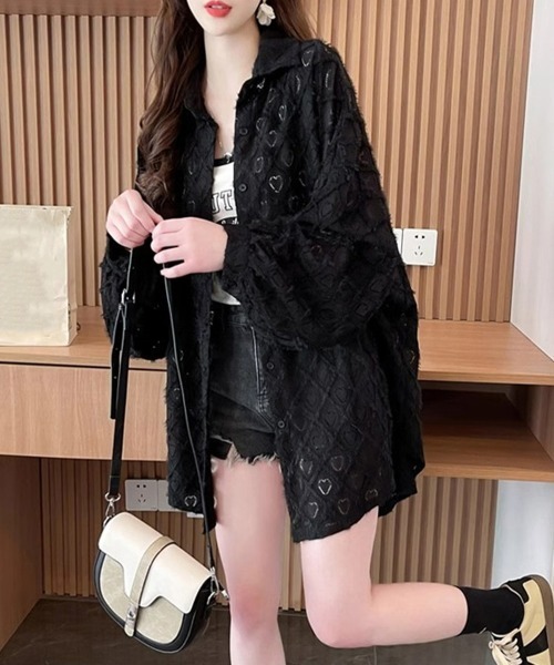 Miniministore（ミニミニストア）の「ハートジャガードシャツカーディガン春夏秋（カーディガン/ボレロ・レディース・ブラック/パープル/ホワイト・FREE）」の11枚目の写真
