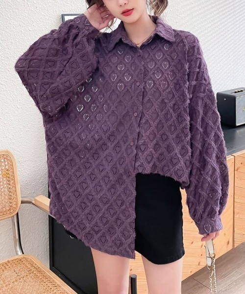Miniministore（ミニミニストア）の「ハートジャガードシャツカーディガン春夏秋（カーディガン/ボレロ・レディース・ブラック/パープル/ホワイト・FREE）」の18枚目の写真