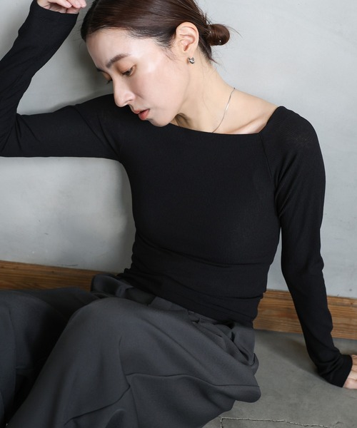select MOCA(セレクトモカ)の「シアーリブオフショルダートップス(Tシャツ/カットソー・レディース・ブルー/ブラック/オフホワイト/カーキ/グレー・FREE)」の16枚目の写真