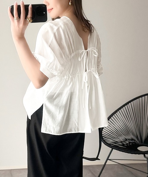 セール】高級感漂う夏の必需品！前後2WAYギャザーリボンシアーブラウス