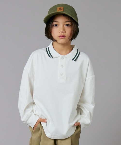 PAIRMANON STREET（ペアマノンストリート）の「【PAIRMANON STREET】ライン入り ポロ襟 長袖 Tシャツ トップス 天竺（ポロシャツ・キッズ・ホワイト/グリーン/ブラック・90/130/100/150/120/110/160/140）」の2枚目の写真