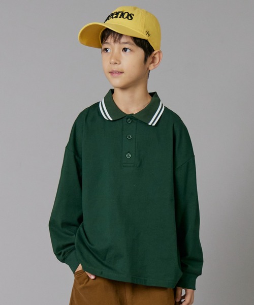 PAIRMANON STREET（ペアマノンストリート）の「【PAIRMANON STREET】ライン入り ポロ襟 長袖 Tシャツ トップス 天竺（ポロシャツ・キッズ・ホワイト/グリーン/ブラック・90/130/100/150/120/110/160/140）」の3枚目の写真