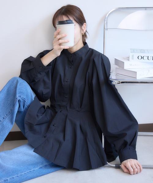 美品✨ルフィル ラウンドカラーブラウス シャツ トップス ブルー ルイルエブティック RUIRUE BOUTIQUE 洗える ストレッチ ｜ バンド