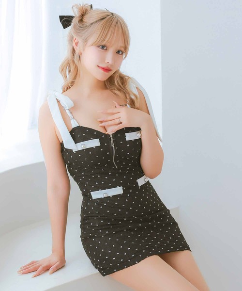 Tika(ティカ)の「キャバドレス ミニ タイト キャミソール ノースリーブチェーンリボンショルダーバストジップ総レースラメドットドレス(ドレス・レディース・ブラック/クリーム・L/XL/S/M)」の6枚目の写真