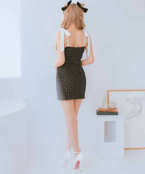 Tika(ティカ)の「キャバドレス ミニ タイト キャミソール ノースリーブチェーンリボンショルダーバストジップ総レースラメドットドレス(ドレス・レディース・ブラック/クリーム・L/XL/S/M)」の9枚目の写真