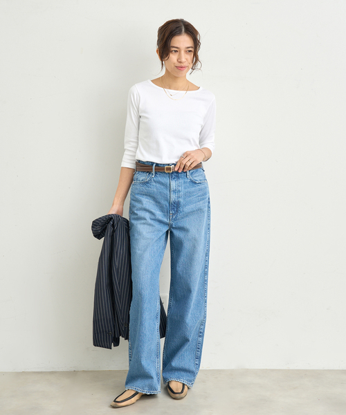 IENA(イエナ)の「ATON/エイトン 別注 SUVIN FRAISE ボートネック Tシャツ(Tシャツ/カットソー・レディース・ベージュ/ホワイト/ネイビー・FREE)」の4枚目の写真