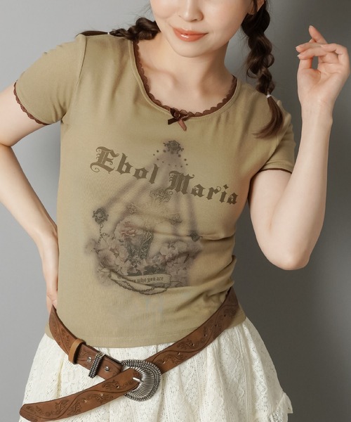 SPINNS（スピンズ）の「半袖プリントTシャツ/レース（Tシャツ/カットソー・レディース・チャコール/アイボリー/カーキ系/ベージュ・ONESIZE）」の4枚目の写真