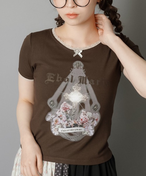 SPINNS（スピンズ）の「半袖プリントTシャツ/レース（Tシャツ/カットソー・レディース・チャコール/アイボリー/カーキ系/ベージュ・ONESIZE）」の2枚目の写真