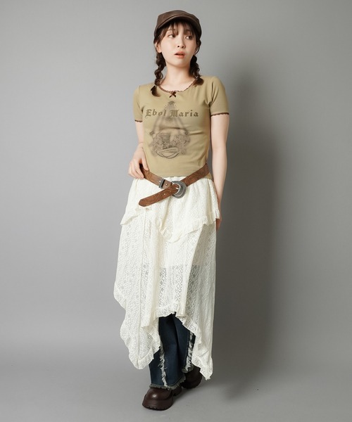 SPINNS（スピンズ）の「半袖プリントTシャツ/レース（Tシャツ/カットソー・レディース・チャコール/アイボリー/カーキ系/ベージュ・ONESIZE）」の14枚目の写真