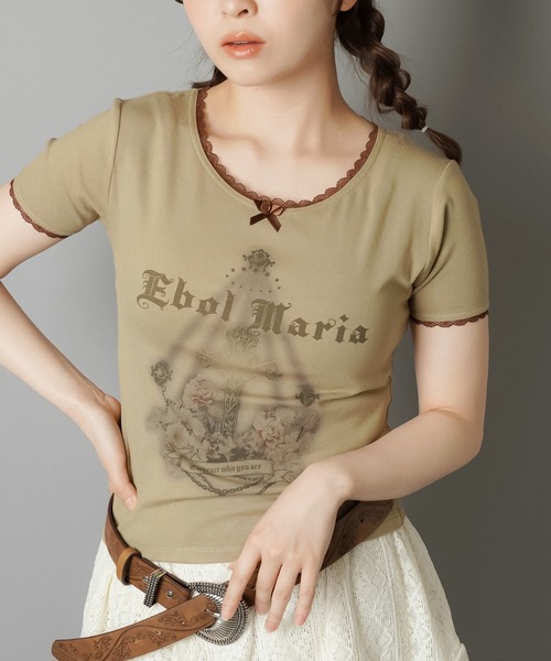 SPINNS（スピンズ）の「半袖プリントTシャツ/レース（Tシャツ/カットソー・レディース・チャコール/アイボリー/カーキ系/ベージュ・ONESIZE）」の22枚目の写真