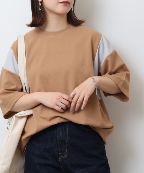 FUNALIVE(ファンアライブ)の「吸水速乾 UVカット ストレッチ ワイドシルエット 梨地 カットジョーゼット デザイン 切替 TEE(Tシャツ/カットソー・メンズ・ライトグレー/ネイビー/ブラック系/ライトブラウン/ネイビー系/ブラック/ブラウン系/ライトグレー系・M/L/LL)」の6枚目の写真