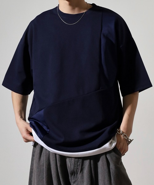 FUNALIVE(ファンアライブ)の「吸水速乾 UVカット ストレッチ ワイドシルエット 梨地 カットジョーゼット デザイン 切替 TEE(Tシャツ/カットソー・メンズ・ライトグレー/ネイビー/ブラック系/ライトブラウン/ネイビー系/ブラック/ブラウン系/ライトグレー系・M/L/LL)」の7枚目の写真