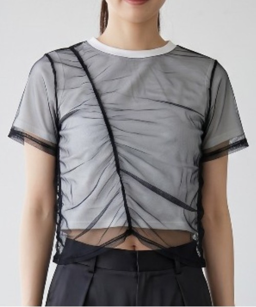 Per sist ence(パーシエンス)の「天竺×チュールシャーリングプルオーバー(Tシャツ/カットソー・レディース・オフホワイト/グレー/ホワイト×ブラック/ブラック・ONE SIZE)」の2枚目の写真