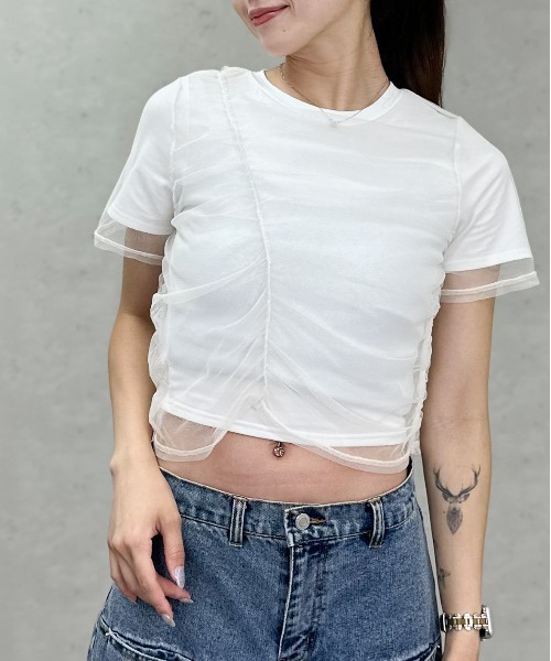 Per sist ence(パーシエンス)の「天竺×チュールシャーリングプルオーバー(Tシャツ/カットソー・レディース・オフホワイト/グレー/ホワイト×ブラック/ブラック・ONE SIZE)」の1枚目の写真