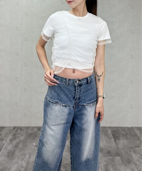Per sist ence(パーシエンス)の「天竺×チュールシャーリングプルオーバー(Tシャツ/カットソー・レディース・オフホワイト/グレー/ホワイト×ブラック/ブラック・ONE SIZE)」の14枚目の写真