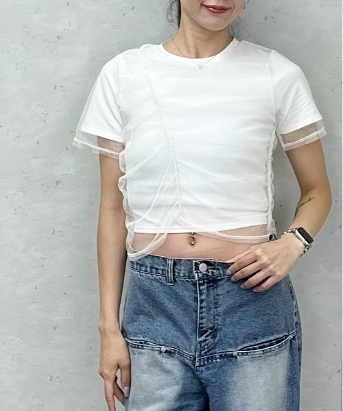 Per sist ence(パーシエンス)の「天竺×チュールシャーリングプルオーバー(Tシャツ/カットソー・レディース・オフホワイト/グレー/ホワイト×ブラック/ブラック・ONE SIZE)」の7枚目の写真
