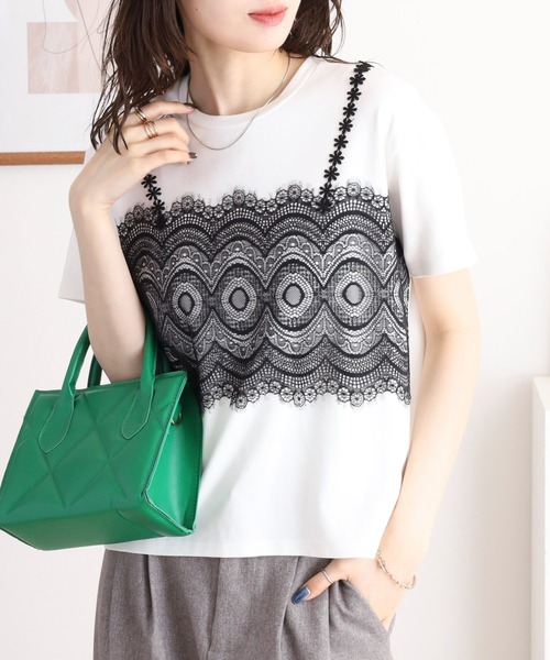 EGLANTINE（エグランティーヌ）の「EGLANTINE レースキャミレイヤード風半袖カットソー（Tシャツ/カットソー・レディース・ブラック/チャコールグレー/オフホワイト・40）」の2枚目の写真