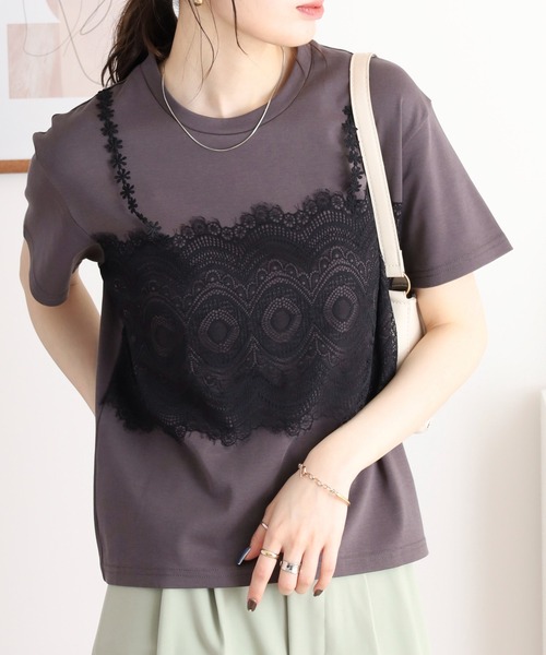 セール】EGLANTINE レースキャミレイヤード風半袖カットソー（T