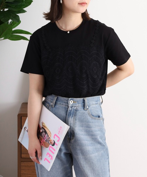 エグランティーヌ EGLANTINE 刺繍デザイン半袖カットソー【日本製】 （ブラック） セール】EGLANTINE ハート刺繍ポケット フレンチスリーブ