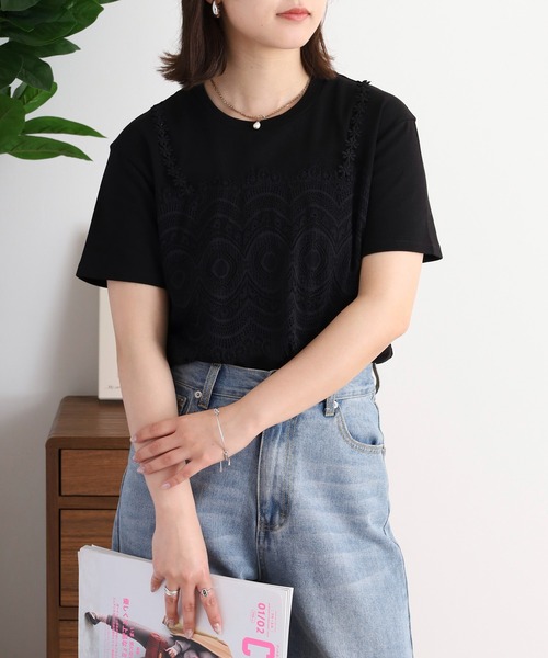 セール】EGLANTINE レースキャミレイヤード風半袖カットソー（T