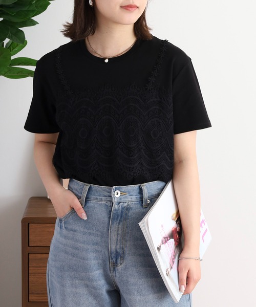 セール】EGLANTINE レースキャミレイヤード風半袖カットソー（T