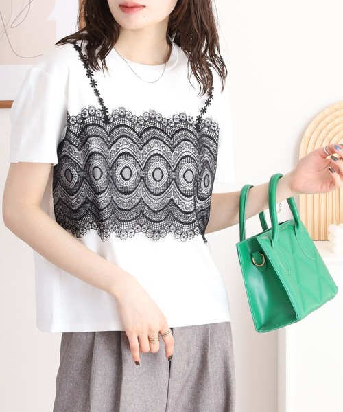 セール】EGLANTINE レースキャミレイヤード風半袖カットソー（T