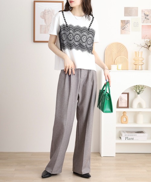 EGLANTINE（エグランティーヌ）の「EGLANTINE レースキャミレイヤード風半袖カットソー（Tシャツ/カットソー・レディース・ブラック/チャコールグレー/オフホワイト・40）」の7枚目の写真