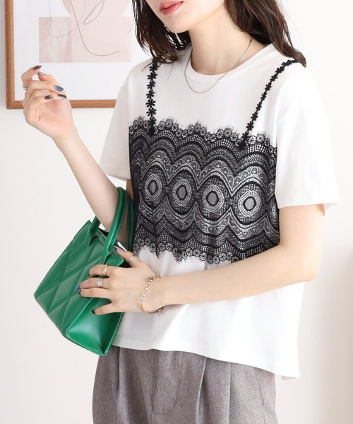 tシャツ EGLANTINE 袖フリンジレース5分袖カットソー レディース 70418a1.jpg