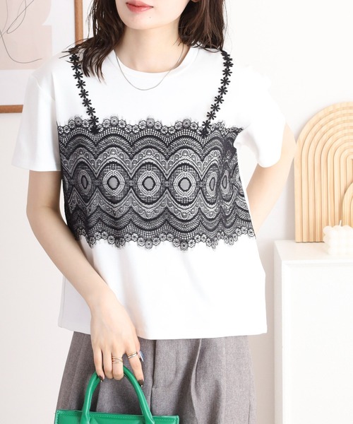 セール】EGLANTINE レースキャミレイヤード風半袖カットソー（T