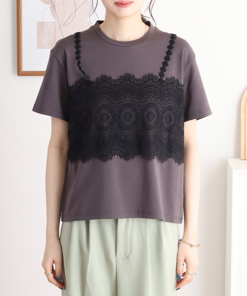 セール】EGLANTINE レースキャミレイヤード風半袖カットソー（T