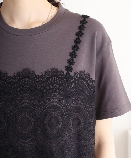 セール】EGLANTINE レースキャミレイヤード風半袖カットソー（T