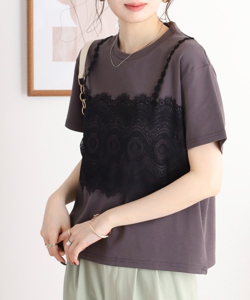 エグランティーヌ EGLANTINE 袖レースカットソー （レッド） セール】EGLANTINE 袖レースカットソー（Tシャツ/カットソー