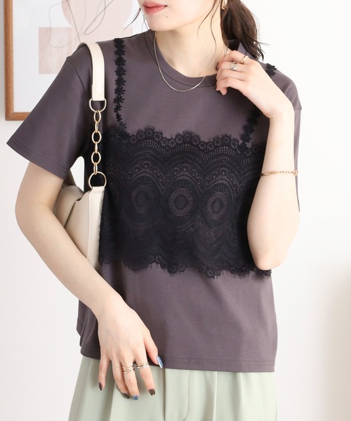 EGLANTINE（エグランティーヌ）の「EGLANTINE レースキャミレイヤード風半袖カットソー（Tシャツ/カットソー・レディース・ブラック/チャコールグレー/オフホワイト・40）」の22枚目の写真