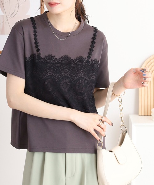 tシャツ EGLANTINE 袖チュールレイヤードカットソー レディース セール】EGLANTINE レースキャミレイヤード風半袖カットソー（T