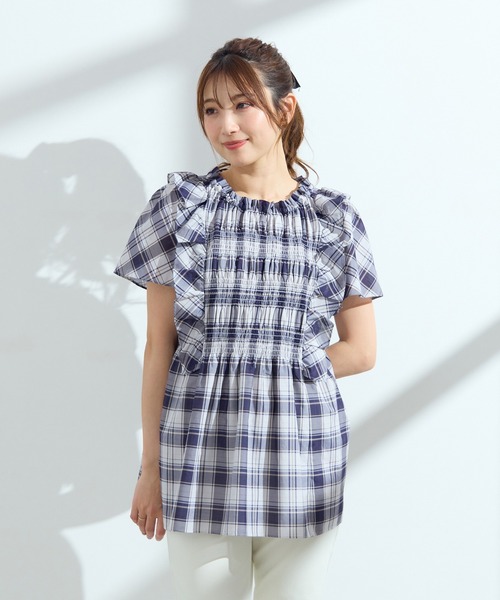 Rose Tiara（ローズティアラ）の「【手洗い可】チェックシャーリングブラウス（シャツ/ブラウス・レディース・ネイビー/ブラウン・38/42/46）」の12枚目の写真