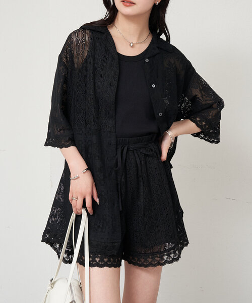 ヒスミニ　パッチワークワンピース　ショートパンツ　フレンチブルT セール】パッチワークレースショートパンツ（その他パンツ